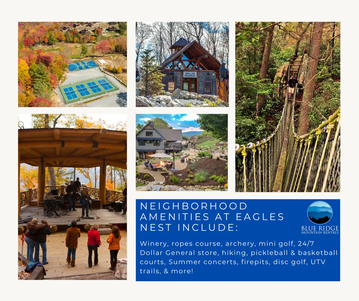 A vibrant exterior shot featuring key resort amenities: tennis courts, a lodge, a ropes course, and a concert stage, all set against a backdrop of autumn foliage. The atmosphere is lively and community-oriented, illustrating the range of outdoor activities available at Eagles Nest, from sports to concerts and family adventures.